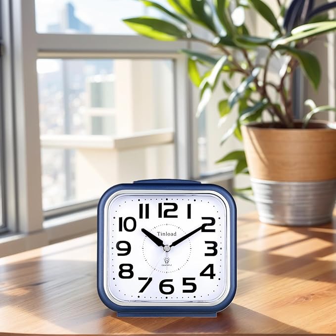 5.5" Large Analog Alarm Clock Silent Non Ticking, Gentle Wake, Beep Sounds, Increasing Volume, Battery Operated Snooze and Manual Light, Easy Set, Blue