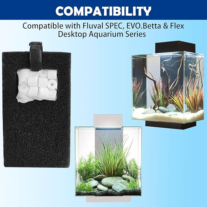 Filter Media Replacement Compatible with Fluval SPEC, EVO, Betta and Flex Desktop Aquarium, Includes 2 Carbon Filter Refills, 2 Foam Filter A1376, 2 Ceramic Rings and 2 Filter Cord