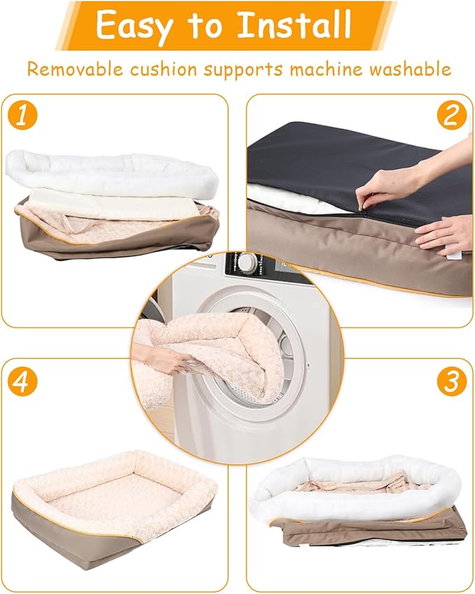 Washable Orthopedic Dog Bed for Large Dogs, Waterproof Dog Bed with Bolster, Big Couch Sofa Dogs Beds with Removable Cover & Non-Slip Bottom