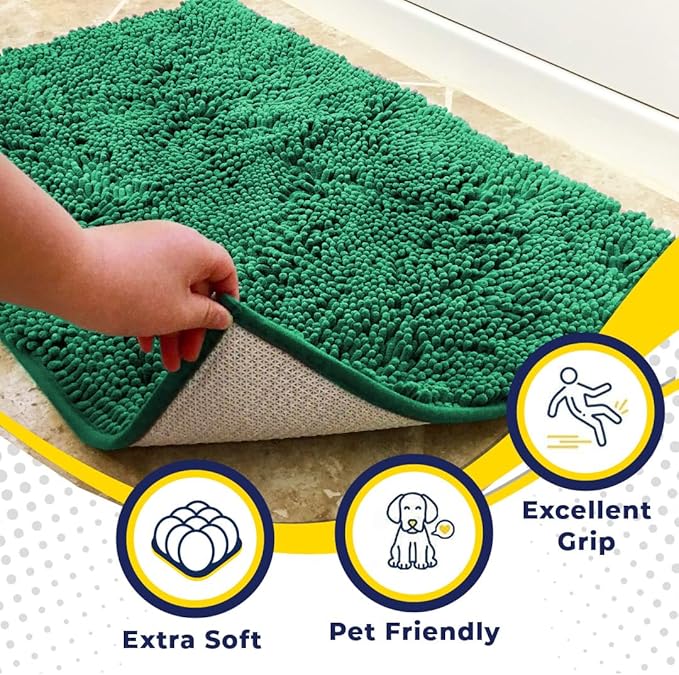 Muddy Mat® Shown on TV – Super Absorbent Microfiber Dog Door Mat for Muddy Paws, Non-Slip Washable Pet Rug, Quick Dry Chenille Entryway Carpet, Machine Washable Indoor Outdoor mat, Dark Green 30"x19"