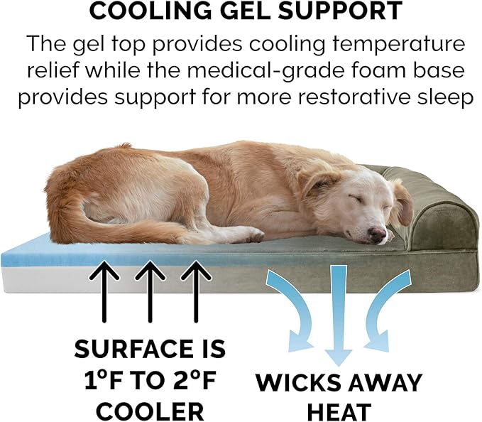 Furhaven Cooling Gel Dog Bed for Large Dogs w/ Removable Bolsters & Washable Cover, For Dogs Up to 125 lbs - Faux Fur & Velvet Sofa - Dark Sage, Jumbo Plus/XXL