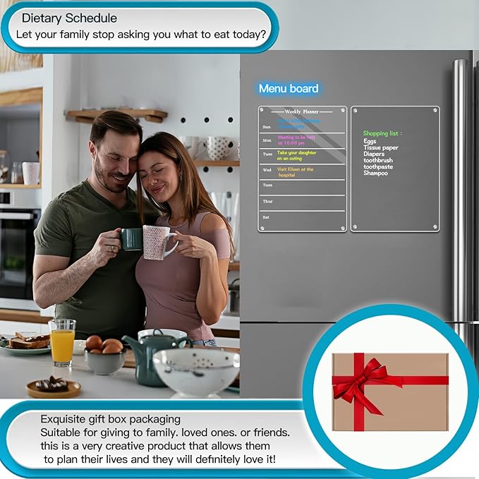 2 PCS 9"x13" Clear Weekly Meal Planner Magnetic Acrylic Board,Acrylic Magnetic Dry Erase Board for Fridge, Magnet Week Calendar for Refrigerator Includes 6 Colors Markers and Pen Container