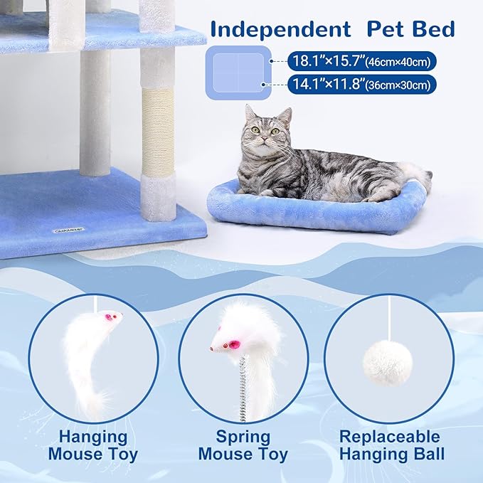 Globlazer Heavy Duty Cat Trees for Large Cats, Sturdy 72in Maine Coon Cat Tree for Large Cats 20 lbs+ Heavy Duty Cat Tower for Adult Biggest Cat with 6 Scratching Posts, Hammock, S72, Ocean Blue