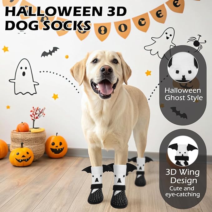 EXPAWLORER Halloween Anti Slip Dog Socks to Prevent Licking Paws, Boots & Paw Protectors with Grippers,Doggie Booties for Hardwood Floors for Small Medium Large Senior Dogs Costume White Ghost Wings S