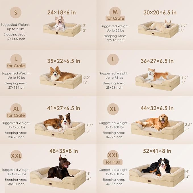 EHEYCIGA Orthopedic Dog Beds for Extra Large Dogs, Waterproof Memory Foam XL Pet Bed with Sides, Non-Slip Bottom and Egg-Crate Foam Big Dog Couch Bed with Washable Removable Cover, Greige