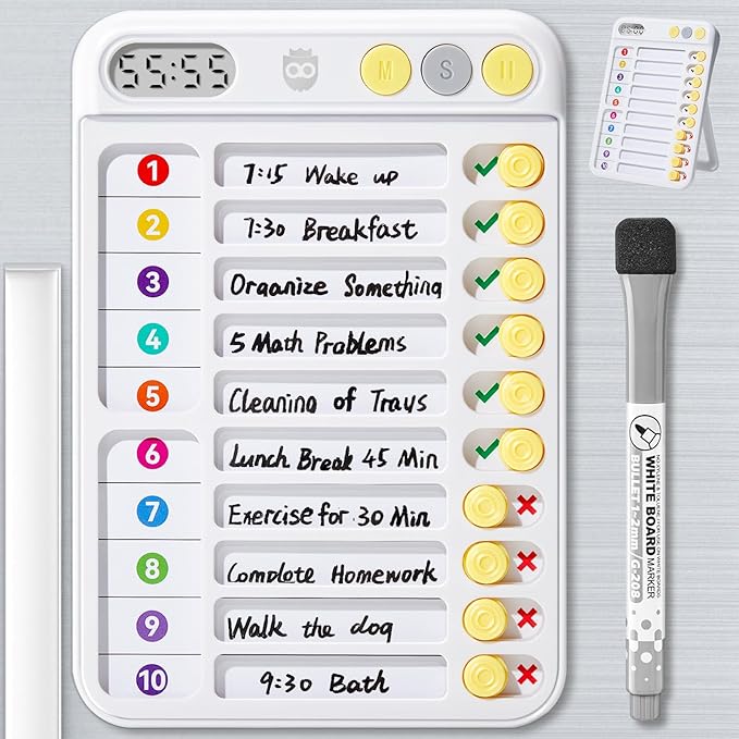 Chore Chart for Kids with Timer, Visual Schedule for Kids, ADHD Tools for Kids, Bedtime/Morning/Daily Routine Chart with 99-Min Countup/Down, Magnetic Checklist Schedule Board with Slider - White