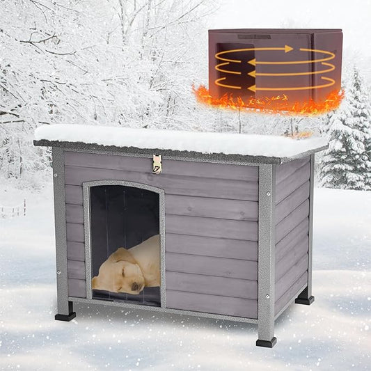 Feral Dog House Outdoor,Anti Bite Iron Frame Dog Kennel,Wood Warm Pets Home,Insulated Weatherproof Outside Shelter for Feral Animal (33.5"(L)×22"(W)×25.2"(H)-Grey-in)