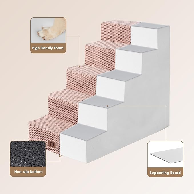 EHEYCIGA Dog Stairs for High Bed 22.5" H, 5-Step Dog Steps for Bed, Pet Steps for Small Dogs and Cats, Non-Slip Balanced Pet Ramp Indoor, Pink