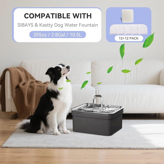 12 Pack Replacement Filter for SIBAYS & Kastty 355oz / 2.8Gal / 10.5L Large Dog Water Fountain, Coconut Shell Activated Carbon Pet Water Fountain Filters with 12 Pack Sponges