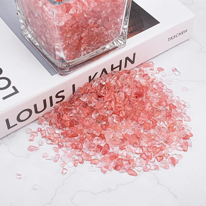 0.5 Lb/230g Watermelon Red Crushed Stone Crystal Chips Bulk, Tumbled Healing Crystal Chips Natural Gemstones Crushed Stones Decorative Vase Fillers Aquarium Gravel Rocks, 5-7mm