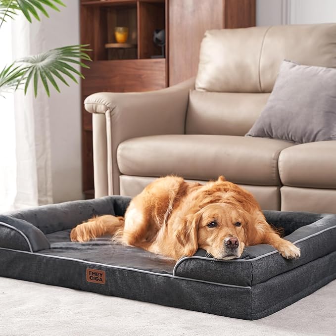 EHEYCIGA Orthopedic Dog Beds for Extra Large Dogs, Waterproof Memory Foam XXL Pet Bed with Sides, Non-Slip Bottom and Egg-Crate Foam Big Dog Couch Bed with Washable Removable Cover, Dark Grey