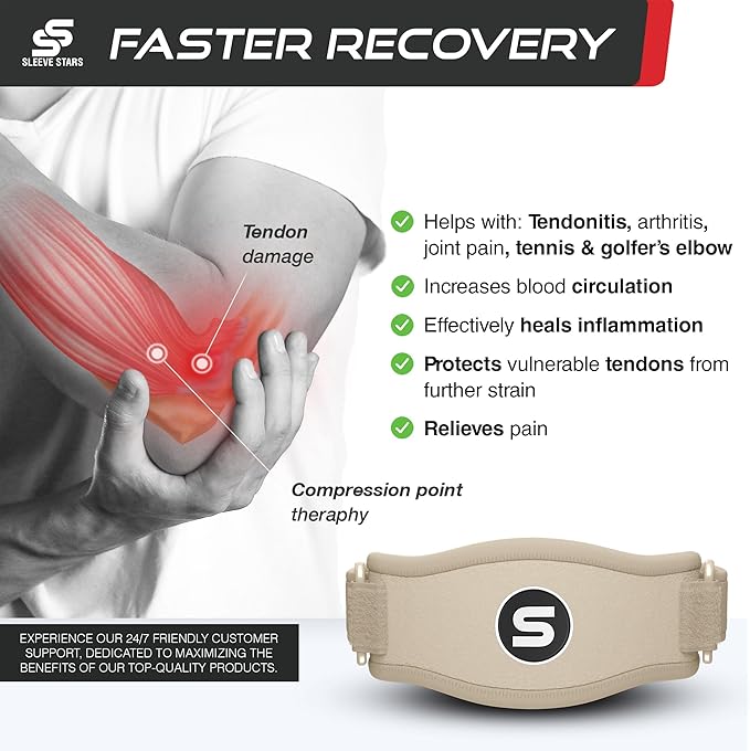 Sleeve Stars Tennis Elbow Brace for Men & Women, Tendonitis Elbow Brace & Strap Golfers Elbow Brace Counterforce Band for Tendon Pain Relief & Support for Forearm w/ 3 Straps Fits 9-23" (Single) (2, Beige, One Size)