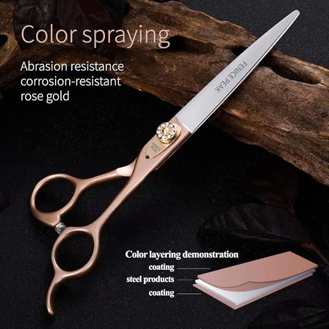 Fenice Peak 8'' Dog Straight Scissors for Grooming 440C Stainless Steel Rose Gold Professional Pet Trimming Scissors Sharp Blades Cutting for Dogs and Cats Shears