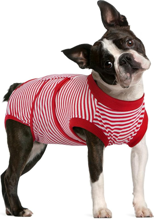 FUAMEY Dog Recovery Suit Male,Dogs Surgery Neuter Suits Puppy Spay Shirts for Female Protect Dog's Skin Anti Licking Abdominal Wounds Doggie Onesie Pet Bodysuit Alternative to Cone Red Stripes L
