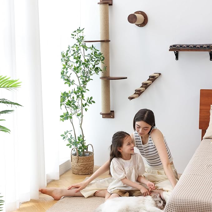 FUKUMARU Cat Wall Furniture, 11.8 Inch Cats Shelves for Drywall, Walnut Wood Kitten Stairs for Wall Mounted with Jute Scratching Kittens Steps, 2 of Pack