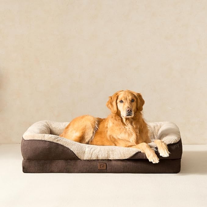 EHEYCIGA Memory Foam XL Dog Bed for XLarge Sized, Extra Large Orthopedic Dog Sofa with Sides and Waterproof Liner, Washable Bolster Pet Bed Couch with Removable Cover, 42x30x7.5 Inch, Brown