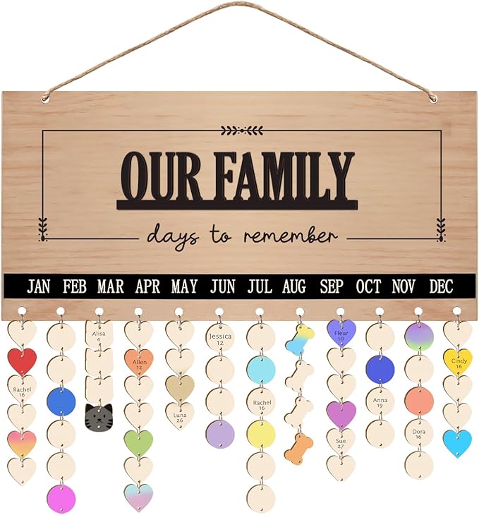 Family Birthday Calendar Board Wall Hanging with Tags, Family Birthday Plaque with Tag Wooden Memory Days Reminder Wall Hanging Home Décor Wood Anniversary Tracker with 104 Tags, Valentines Day Christmas Gifts for Lovers Friends (OUR FAMILY)