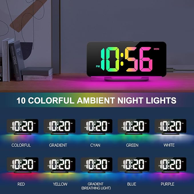 Digital Alarm Clock, Large LED Digital Clock for Bedrooms with 10 Color Changing Night Light, Adjustable Brightness, USB Charging Port, Bedside and Desk Clock for Living Room Office Decor (Black)