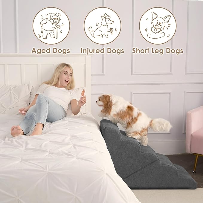 EHEYCIGA Curved Foldable Dog Stairs Ramp for High Beds 22.5" H, 5-Step Dog Steps for Small Dogs and Cats, Pet Stairs for High Bed Climbing, Non-Slip Balanced Pet Step Indoor, Grey