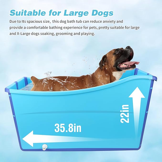 YUEPET Extra Large Foldable Dog Bath Tub for Large Dogs, 49 Gal Portable Dog Bathtub Lightweight Hightened Pet Wash Station with Drain Plug for Big Dogs Indoor/Outdoor Bathing, Camping (Blue)