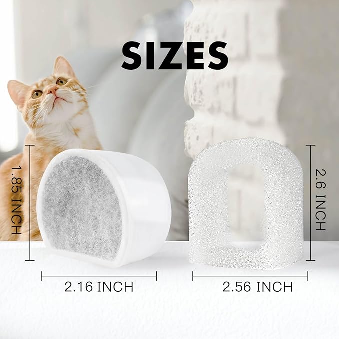 16 Pack Cat Water Fountain Filters Replacement, 8 Carbon Filters and 8 Foam Sponge Pre-Filter Fit for Multiple Ceramic and Stainless Steel Pet Fountains