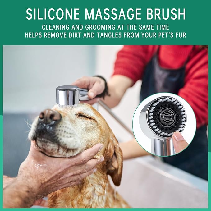 3 Mode Dog Shower Attachment, High Pressure Handheld Sprayer with ON/OFF Switch, G1/2" Metal Shower Diverter, 100 Inches Stainless Steel Hose, No Drill Hook, for Indoor Pet Bathing and Washing