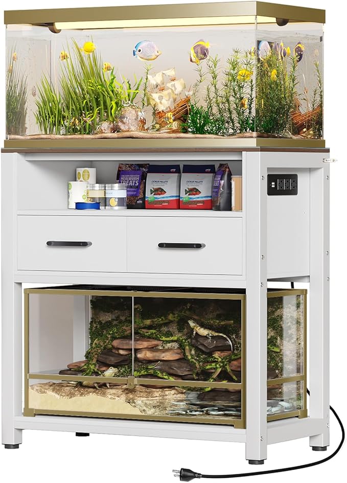 20-29 Gallon Fish Tank Stand with Power Outlet & 2 Storage Drawers, Heavy Duty Metal Frame Aquarium Stand with Waterproof Mat, 30.7" L*15.7" W Tabletop, 550LBS Capacity, White+Brown