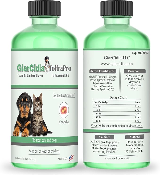 Toltrazuril 5.0% for Cats and Dogs - 120mls / 4oz- Vanilla Flavour - Giarcidia Toltra Pro