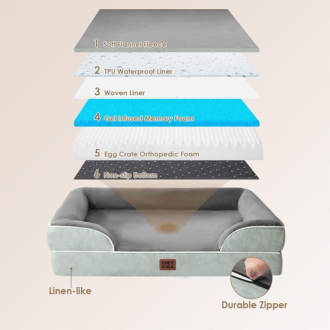 EHEYCIGA Orthopedic Dog Bed for Medium Dogs, Waterproof Memory Foam Medium Dog Beds with Sides, Non-Slip Bottom and Egg-Crate Foam Pet Couch Bed with Washable Removable Cover, Greyish Green