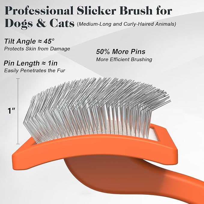 2PCS Slicker Brush for Dogs & Pet Comb,Professional Dog Grooming Brush (Goldendoodles,Poodles,Labradoodles) with Extra Long Pins to Effectively Remove Tangles, Knots and Mats (Orange)