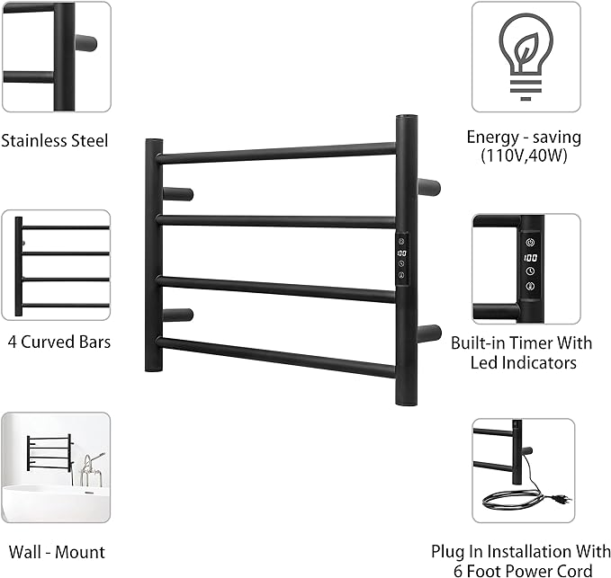 KEG Smart WiFi Towel Warmer Wall Mounted with Built-in Timer and Temperature Adjust Control, 4 Bars Electric Stainless Steel Heated Towel Racks for Bathroom Matte Black