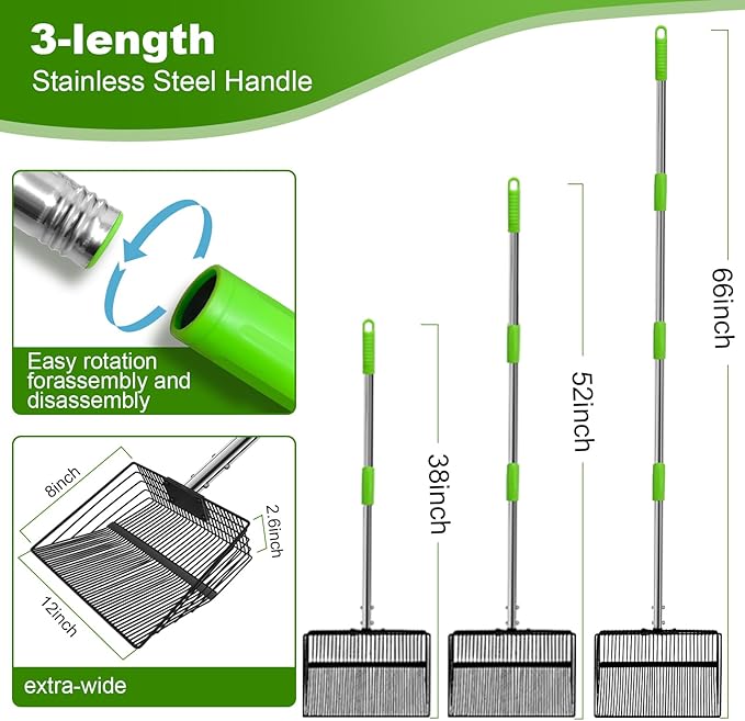 12inch Large Chicken Poop Scooper，2 Widths of Slots Litter Sifting Shovel （23 to 66"），Chicken Coop Litter Scoop with Stainless Steel Handle, 4 in 1 Multifunctional Heavy Duty Chicken Coop Accessories