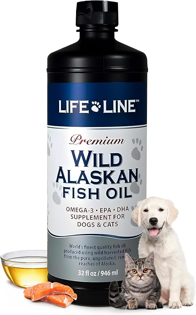 Life Line Pet Nutrition Wild Alaskan Fish Oil for Dogs and Cats 32oz – Omega 3 Fish Oil Supplement for Skin & Coat – Supports Brain, Eye & Heart Health in Dogs & Cats