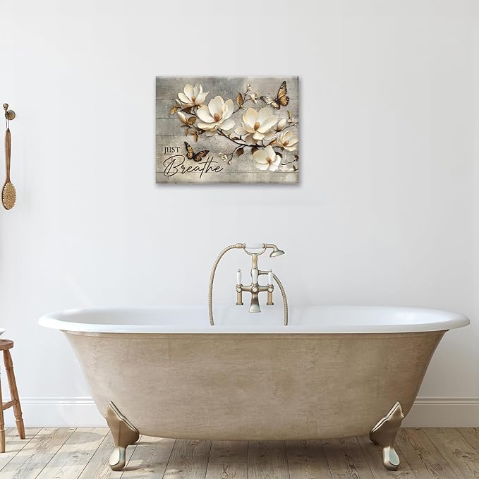 Floral Magnolia Bathroom Pictures Wall Art, Just Breathe Bathroom Wall Decor, Flower Butterfly Framed Painting Canvas Artwork for Bedroom Living Room Decorations 20"L x 16"W