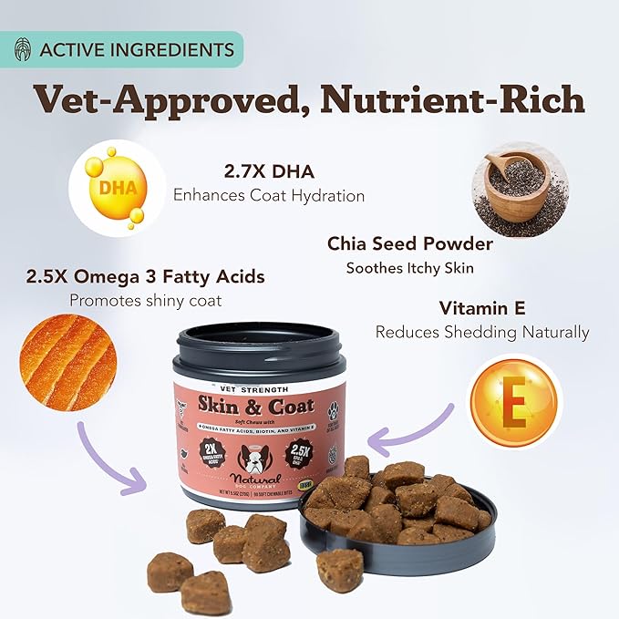 Natural Dog Company Omega Skin & Coat Chews, Vet Strength Supplement, Itchy Skin Relief, Moisture Balance & Coat Hydration, Biotin & Vitamin E, Dry Skin Care, Vet-Recommended, USA Made, 90 Ct