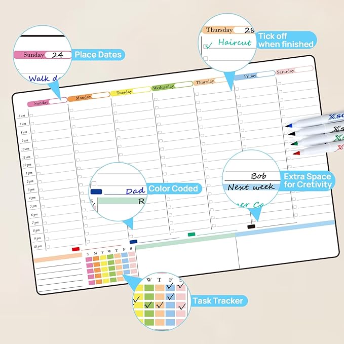 POPRUN Weekly Dry Erase Calendar for Wall & Glass & Wooden, Non-Magnetic Planning Board with Time Slots, Self-Adhesive Wall Schedule Board for Home and Office, 23.6" × 15.7"