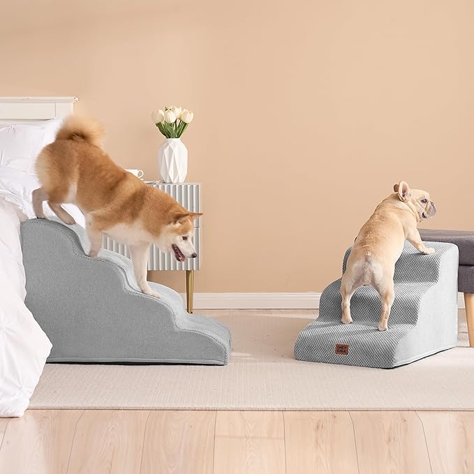 EHEYCIGA Curved Dog Stairs Ramp for Small Dogs 15.7" H, 3-Step Dog Steps for Couch Sofa and Chair, Pet Stairs for Cats, Non-Slip Balanced Pet Steps Indoor, Light Grey
