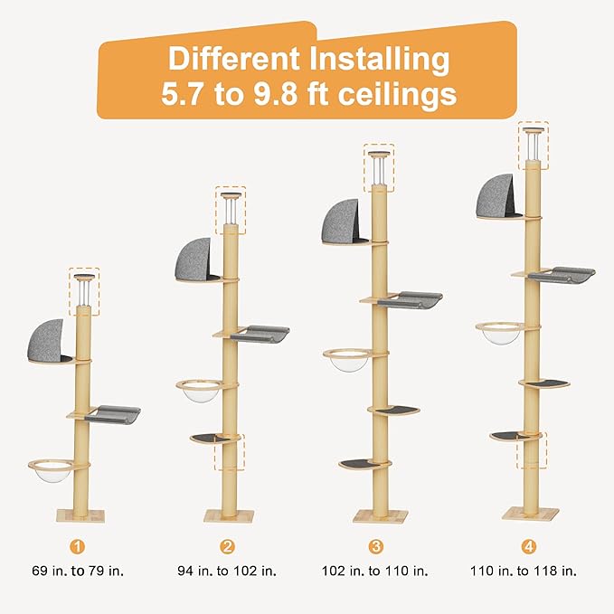 FUKUMARU Floor to Ceiling Cat Tree, 6 Level Adjustable Height (5.7-9.8 ft) Climbing Tower with Thickened Scratching Posts, Cats Activity Center with Transparent Capsule and Cozy Hammock