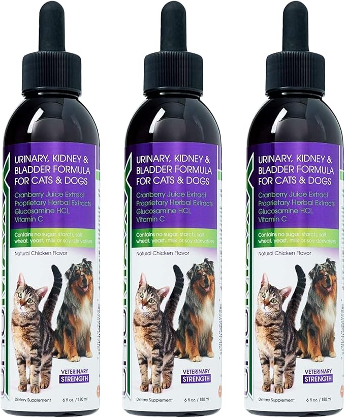 Cat & Dog Urinary Tract Treatment, Bladder & Kidney Support for Dogs and Cats, Powerful Yet Gentle Pet Care, with Liquid Cranberry & Glucosamine, Chicken Flavor, 6 oz Bottle, 3 Pack