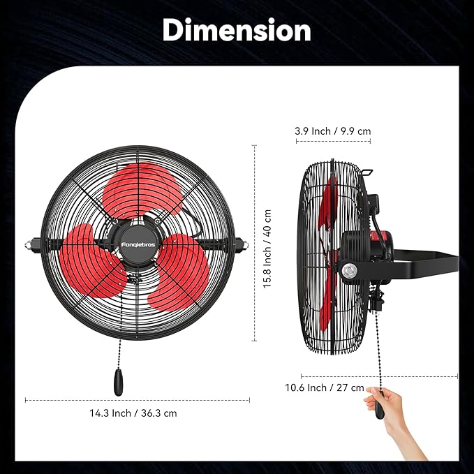 12 IN High Velocity Wall Mount Fan, 3 Speed Industrial Wall Fan with Sealed Motor, 2500 CFM Adjustable Air Circulator for Garage, Commercial, Greenhouse, Warehouse & Gazebo Use, UL Listed