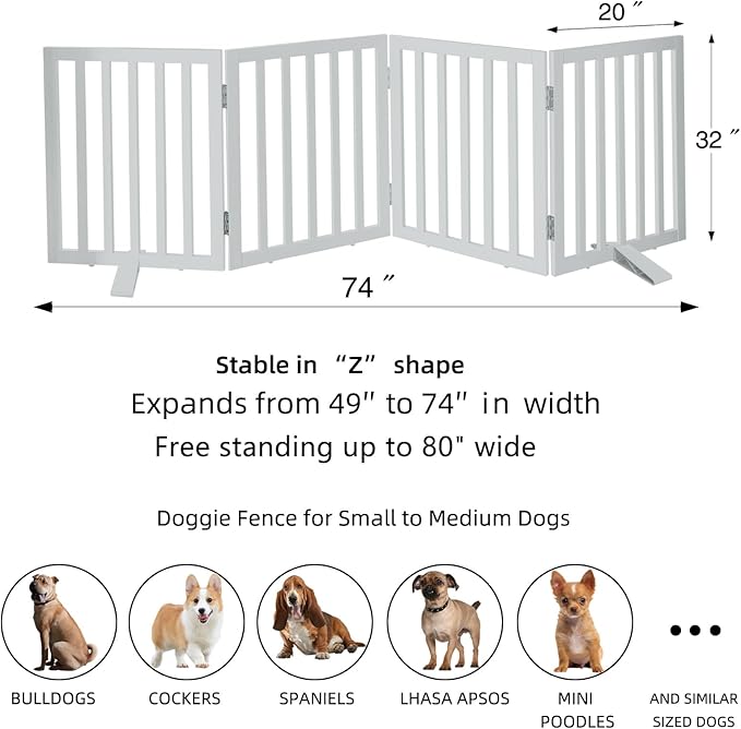 ZJSF Freestanding Indoor Dog Gate for House Foldable Wood White Puppy Gate for Doorways Pet Gate for Stairs Extra Wide Pet Fence 32" Height 4 Panels