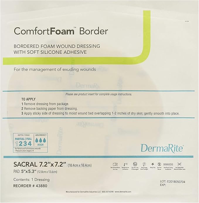DermaRite ComfortFoam Border, Foam Wound Dressing - Flexible and Soft Silicone, Self Adhesive, No Natural Rubber Latex - 7-1/5 in. x 7-1/5 in., 1 Count, 5 Packs, 5 Total