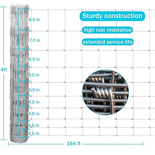 Farm Fence, 4ft x 164ft Galvanized Wire Fencing, Cattle Fence, Deer Fence, Heavy Zinc Coating Farm Fence Used to Hog Goat Fencing for Yard Garden and Field
