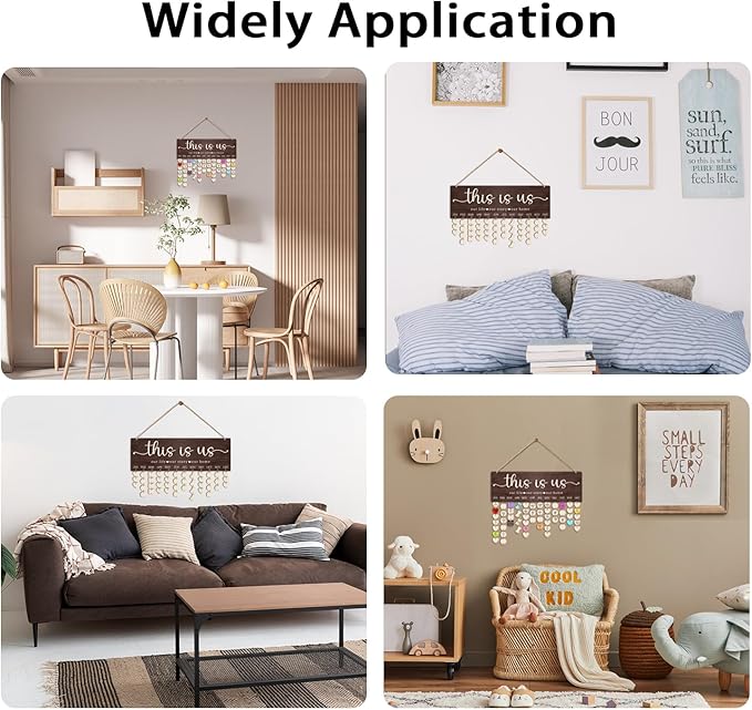 Family Birthday Calendar Board Wall Hanging with Tags, Family Birthday Plaque with Tag Wooden Memory Days Reminder Wall Hanging Home Décor Wood Anniversary Tracker with 104 Tags, Valentines Day Christmas Gifts for Lovers Friends (THIS IS US)