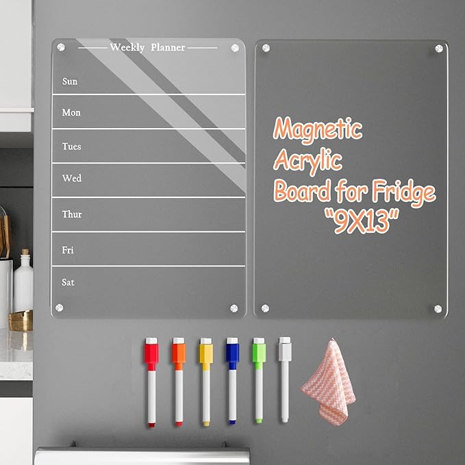 2 PCS 9"x13" Clear Weekly Meal Planner Magnetic Acrylic Board,Acrylic Magnetic Dry Erase Board for Fridge, Magnet Week Calendar for Refrigerator Includes 6 Colors Markers and Pen Container