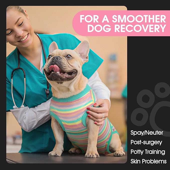 FUAMEY Recovery Suit for Dogs After Surgery,Soft Breathable Dog Bodysuit E-Collar & Cone Alternative Surgical Suit,Male Female Dog Neuter Spay Suits Anti Licking Wounds Onesie Mint Green Stripes L