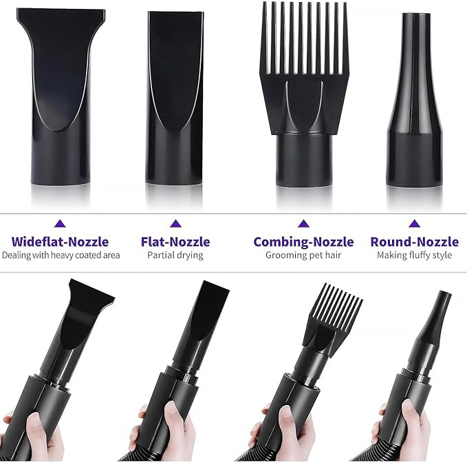 2400w 75m/s Dog Dryer for Pet Grooming, High Velocity Pet Hair Dryer with Heater, Adjustable Speed, 4 Nozzles and a Comb, Blue