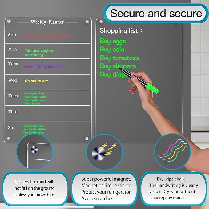 2 PCS 9"x13" Clear Weekly Meal Planner Magnetic Acrylic Board,Acrylic Magnetic Dry Erase Board for Fridge, Magnet Week Calendar for Refrigerator Includes 6 Colors Markers and Pen Container