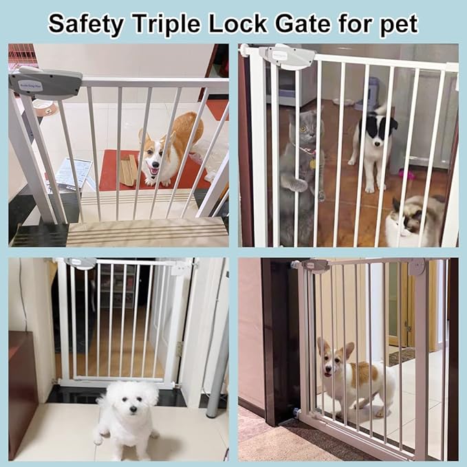 WAOWAO Triple Lock Baby Gate Extra Wide 31.1-35.04" Pressure Mounted Walk Through Swing Auto Close Safety Black Metal Dog Pet Puppy for Stairs,Doorways,Kitchen