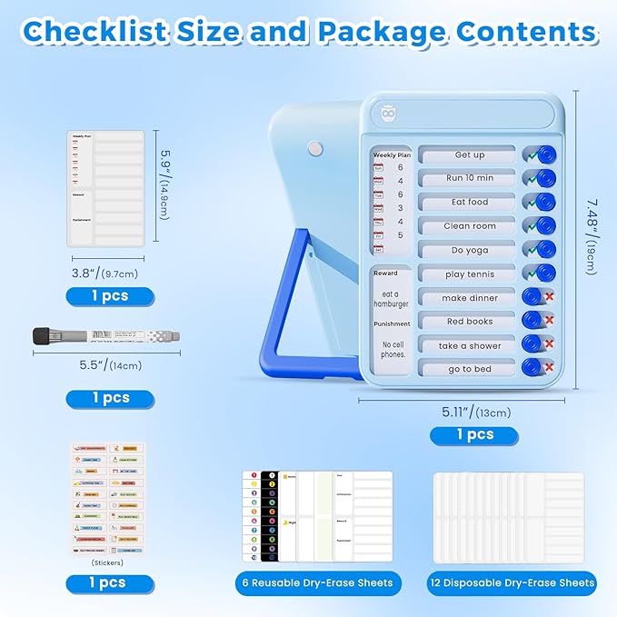 Chore Chart for Kids, Magnetic Chore Board ADHD Tools for Kids, Chore Chart for Kids Multiple Kids, Routine Chart Dry Erase Board for Kids for Habit Tracker or Daily and Weekly Checklist - Blue
